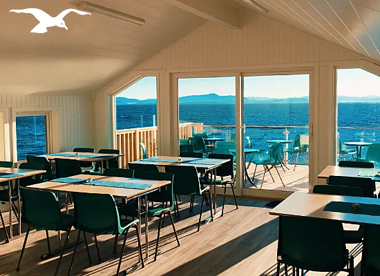 Indoor at the conference facilities with fjord view at Hindrum Fjordsenter in Norway at sunny day