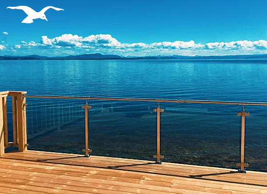 Outdoor Balcony with fantastic fjord view 5 at the Banquet facilities at Hindrum Fjordsenter in Norway at sunny day