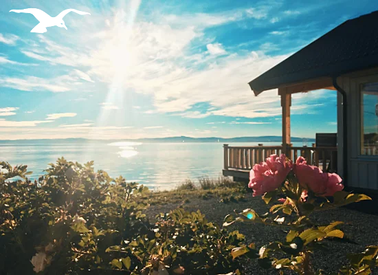 Accommodation house 4 with a fantastic fjord view with roses at Hindrum Fjordsenter in Norway on sunny day