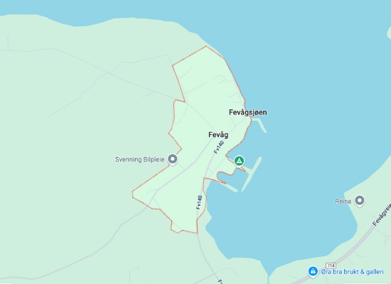 Map of Fevåg area showing Fevågsjøen and local landmarks in Trøndelag, Norway