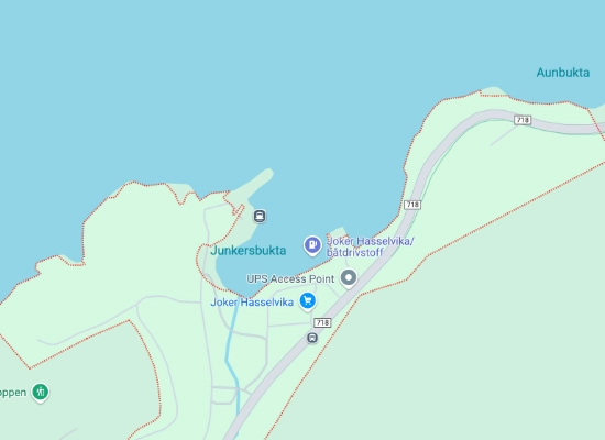 Map of Hasselvika area showing marina location, GPS access point, and nearby Aunbukta in Trøndelag, Norway