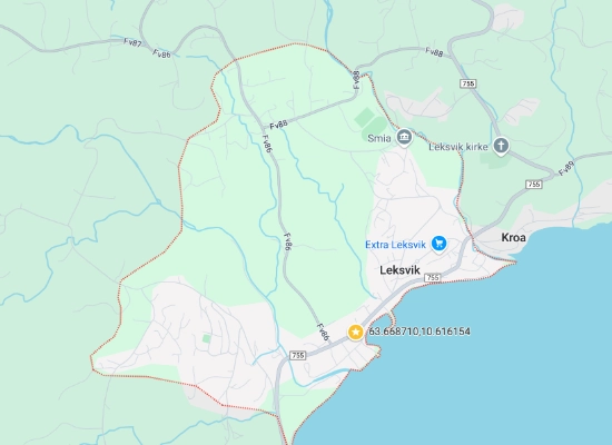 Map of Leksvik municipality showing town center, Leksvik kirke church, Extra Leksvik store, and regional road connections in Trøndelag, Norway