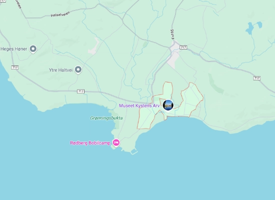 Map of Stadsbygd area showing Museet Kystens Arv museum, Rebjørg Bobulcamp, and coastal settlements including Ytre Halsve in Trøndelag, Norway