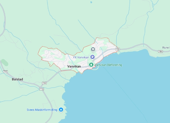 Map of Vanvikan showing town center, YX Vanvikan fuel station, boat services, and connections to Balstad in Trøndelag, Norway