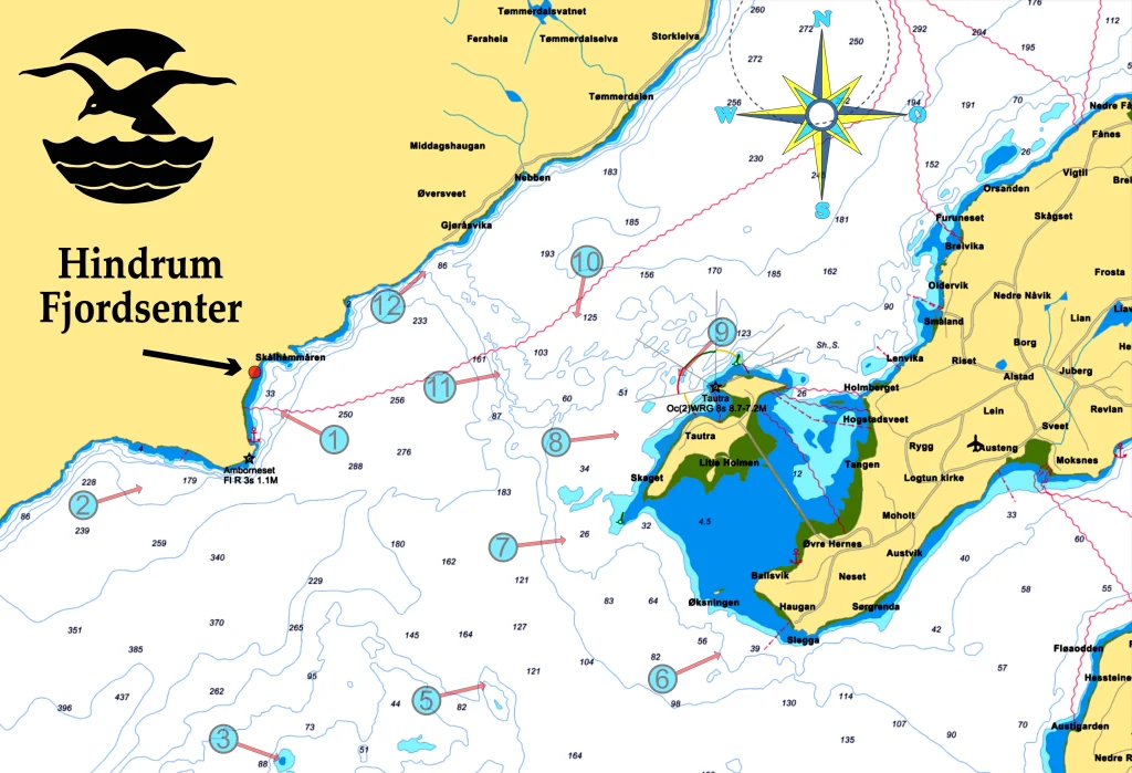 Navigasjonskart Hindrum Fjordsenter med logo - oversikt farvann og øyer Tautra
