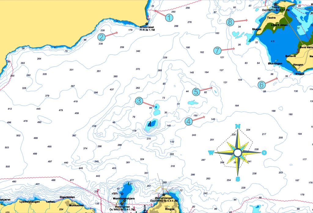 Sjøkart med merkede fiskeplasser rundt Hindrum - navigasjonskart for sjøfiske