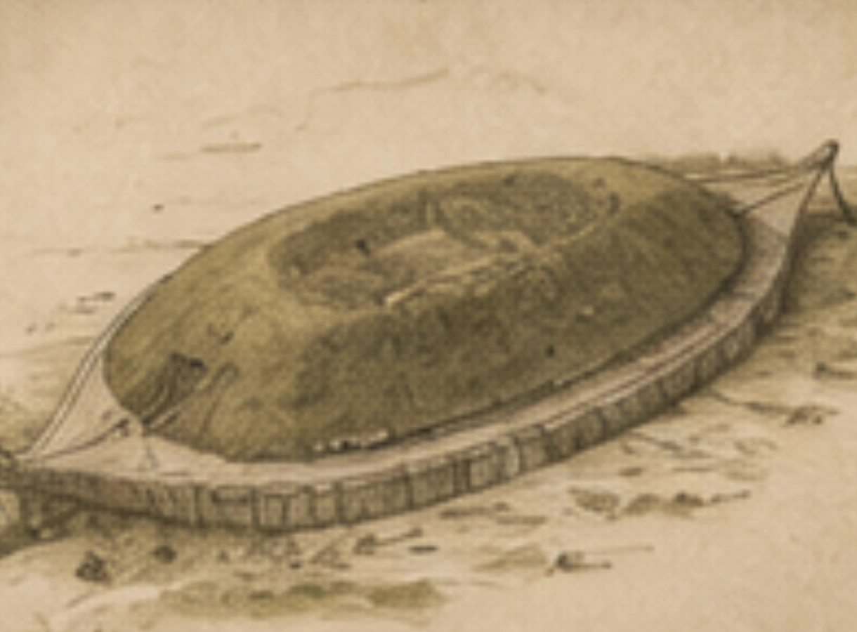 Historic archaeological illustration of a boat-shaped burial mound