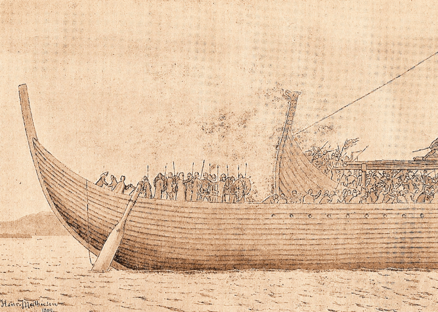Historical illustration of a Viking ship during a naval battle, drawn in 1902