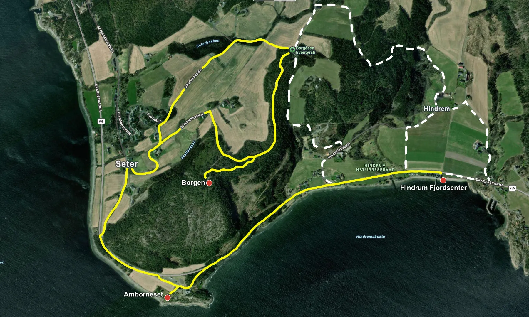 Mapa trasy rowerowej z Hindrum Fjordsenter w kierunku Amborneset i Borgen, Norwegia